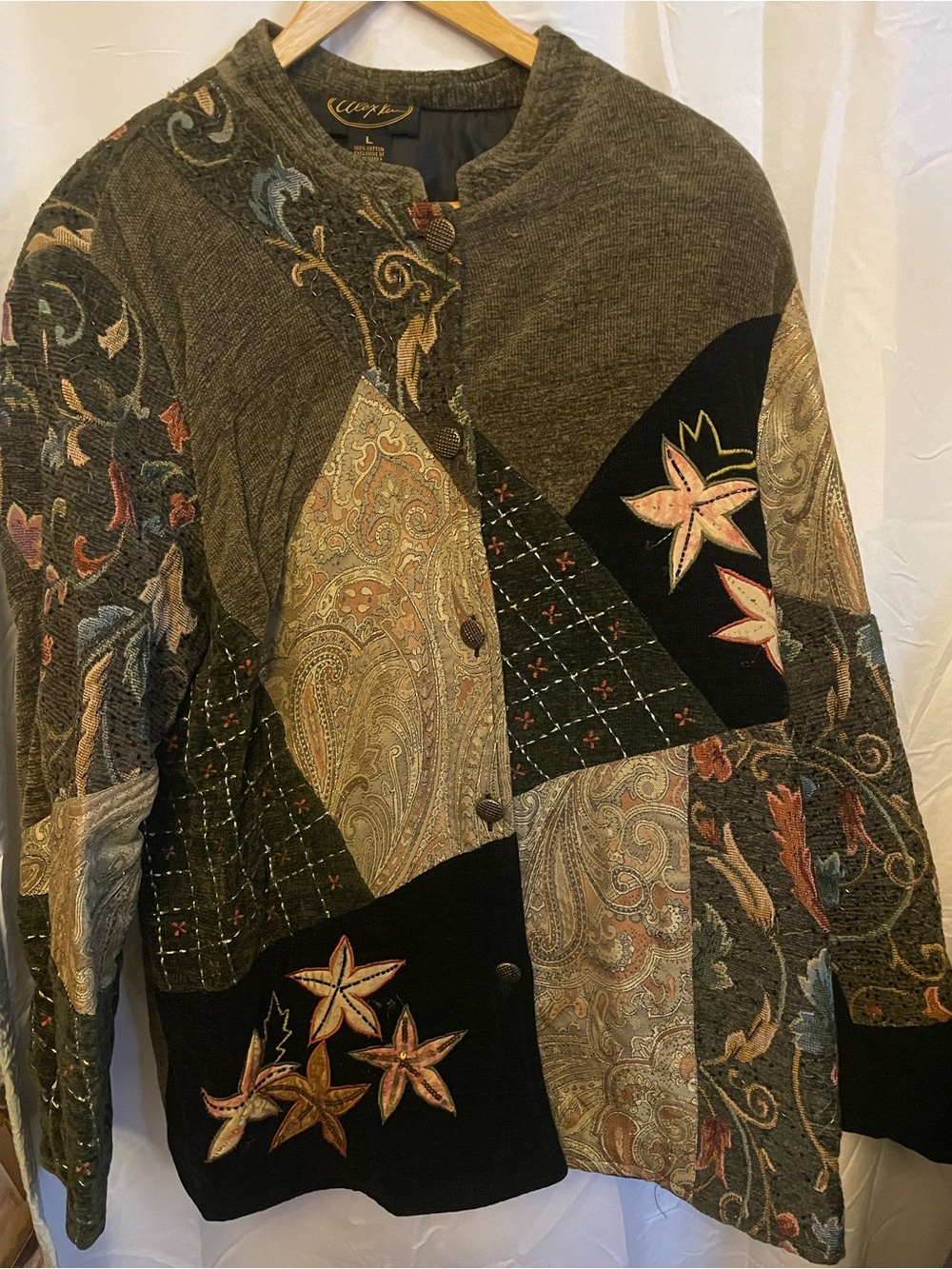 Vintage Alex Kim Patchwork Floral Button-Up Jacket in Olive, Black & Taupe